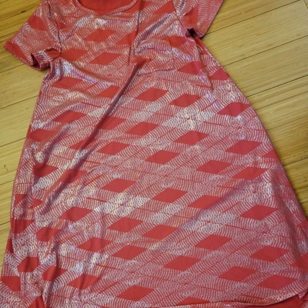 Beautiful red with metallic silver Carly Lularoe dress womens xs. Swing dress.